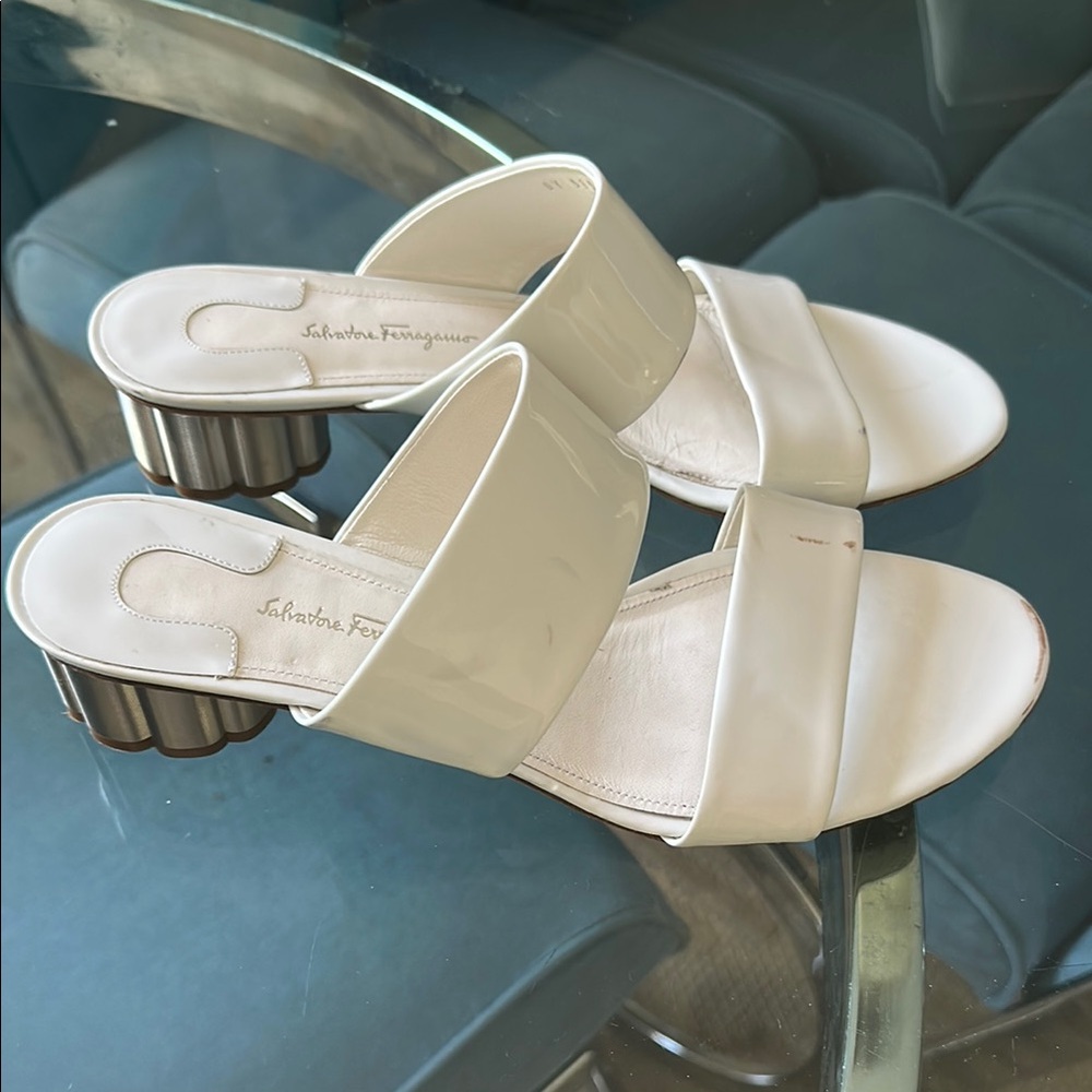 Salvatore Ferragamo White patent Heels with Elegant Straps and lower heel